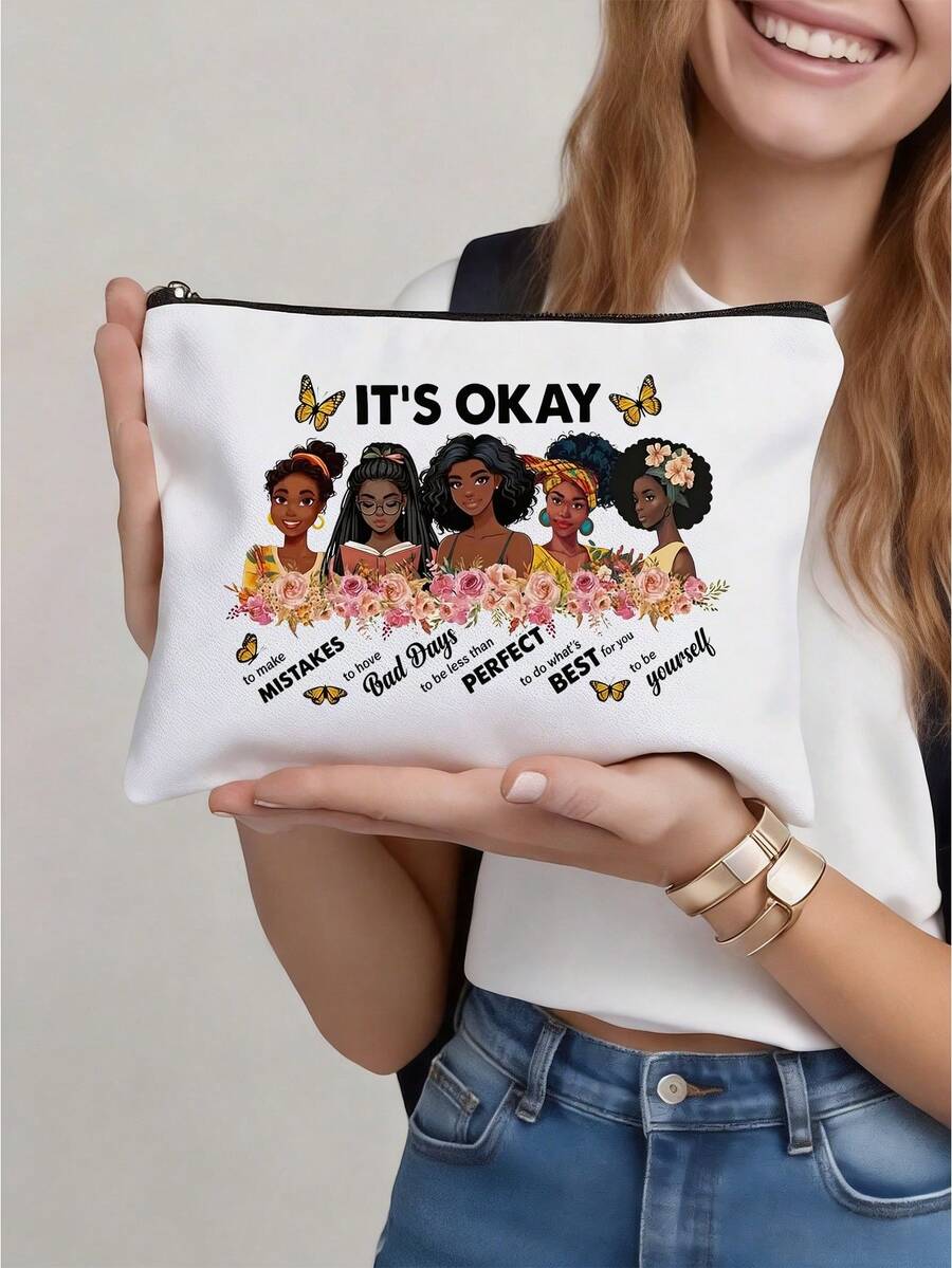 1 pieza Conjunto de bolsa con cita inspiradora blanca, bolso de mano + bolsa con "ESTÁ BIEN cometer errores, sé tú mismo" y 5 diseños de mujeres, bolsa de maquillaje con estampado floral para viajes, gimnasio, motivación diaria, conjunto de regalo inspirador para mujeres - multicolor - Ver 1