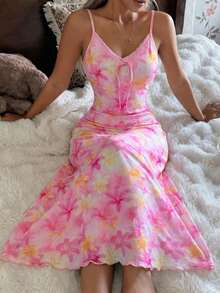 Vestido de tirantes de verano para mujer con estampado floral diminuto en tonos pastel, diseño de espalda abierta con encaje calado, adorno de cuello con lazo, camisón largo de jacquard para uso al aire libre - Rosa - View 3