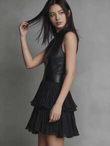Sleeveless PU Leather Short Dress, Double Ruffle Skirt - Black - View 6