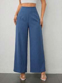 PETITE Pantalones de pierna ancha de textura de cintura alta, de estilo casual y sencillo, apropiados para ir a la escuela o para ir y venir al trabajo - Niebla azul - Ver 5