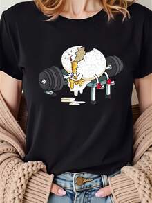 Momento de humor fitness: Dise ￱ o drtido con tem £ tica "Ejercicio de huevos" - Camiseta estilosa y casual para mujer con estampado de estilo deportivo vibrante - C ￳ Modo top de manga corta con cuello redondo para todas las estaciones - Negro - Ver 2