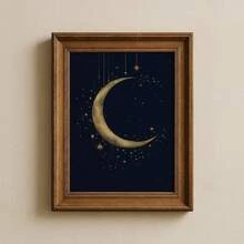 1pc Frameless Islamic Crescent Moon Wall Art, Ramadan Decor Golden Starry Night Sky Print, Dorm Room Party Decoration Best Gift, Back To School, Room Decor Bedroom, Funkyposters - New Moon - View 3