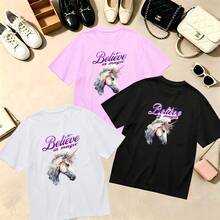 Choose One Of The Three Sets Women's T-Shirt Kawaii Unicorn Magic Print 100% Cotton Oversized Soft Breathable Casual Crewneck Short Sleeve Top Retro Aesthetic Summer Vibes - 白色 - 查看 6