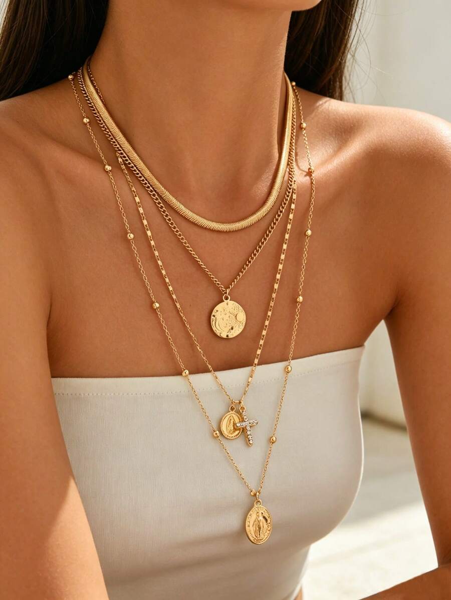 4pcs/Set Vintage Fashionable Gold Thick Snake Chain Multilayer Necklace, Unique Design With Jesus, Virgin Mary, And Crystal Cross Decor, Suitable For Daily Wear, Dates And Parties. Chain Length Can Be Customized. - Multicolor - View 1