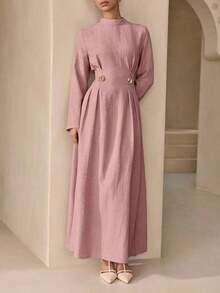 Vestido de tela texturizada gris-rosa con botones decorativos dorados, vestido elegante con cintura ceñida para mujeres - Rosa coral - Ver 8