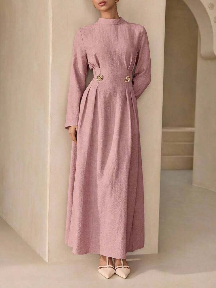 Vestido de tela texturizada gris-rosa con botones decorativos dorados, vestido elegante con cintura ceñida para mujeres - Rosa coral - Añade 8