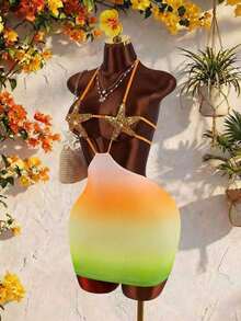 Nuevo vestido mini semitransparente con parches de estrellas para mujer - Multicolor - Ver 4
