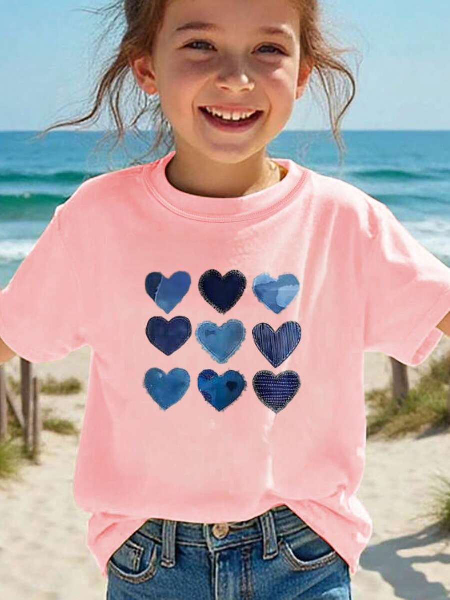Blue Hearts Pattern Print Design Printed T-Shirt For Kids - 粉色 - 查看 1