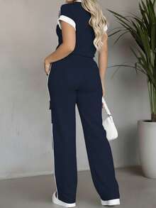Casual Versatile Round Neck Short Sleeve Top And High Waist Drawstring Striped Loose Cargo Pants 2-Piece Set Women's Contrast Color Round Elegant - Navy - View 8