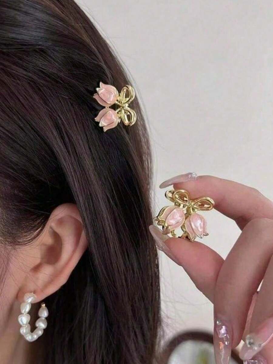 2pcs Pink Tulip Mini Hair Clips, Gold Alloy Butterfly Clips, Sweet Non-Slip Women's Hair Accessories For Daily And Party Wear Summer Beach Claw Clips - Pink - View 1