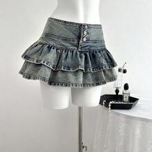 Nana's Women's Clothing Store  Minifalda de mezclilla con volantes en el bajo de unicolor para mujer - Caqui - Ver 2