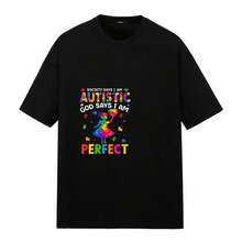 Short-Sleeved T-Shirt With Autism Print And Puzzle Heart, Ideal For Wearing At Home, On The Street, In The Park, At Events, Celebrations, Regular Fit, Casual Style, Comfortable And Breathable. - 黑色 - 查看 1