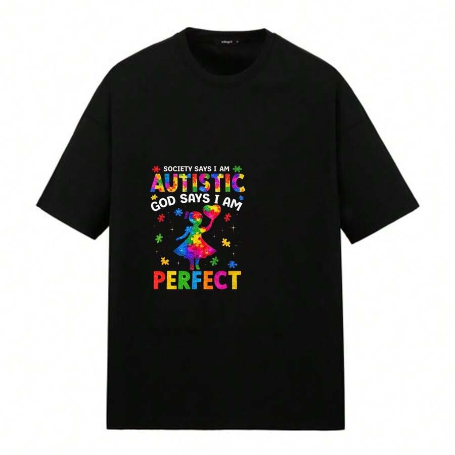 Short-Sleeved T-Shirt With Autism Print And Puzzle Heart, Ideal For Wearing At Home, On The Street, In The Park, At Events, Celebrations, Regular Fit, Casual Style, Comfortable And Breathable. - 黑色 - 查看 1