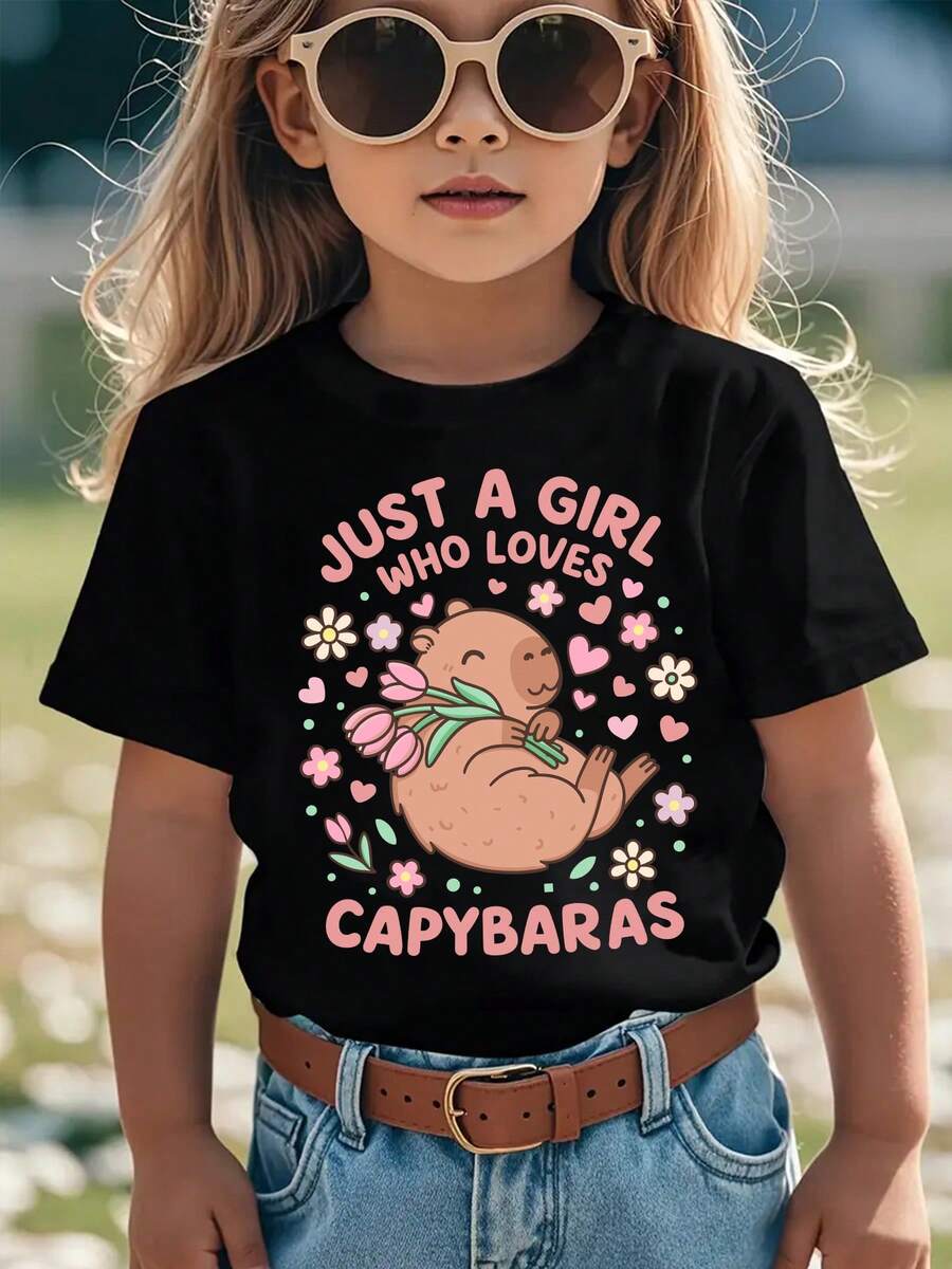 Fashionable Summer Short Sleeve T-Shirt For Girls With "ONLY A GIRL WHO LOVES CAPYBABIONS" Slogan And Capybara Holding A Tulip Print, Casual And Versatile Top NY-DX9379 - 黑色 - 查看 1