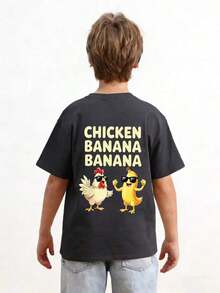 Boys' T-Shirt With Fun Chicken And Banana Print, Soft And Comfortable Fabric, Suitable For Outdoor Sports, Casual Wear, Urban Wear, School Wear, Versatile Fashion T-Shirt For Boys In Spring/Summer. - 灰色 - 查看 3
