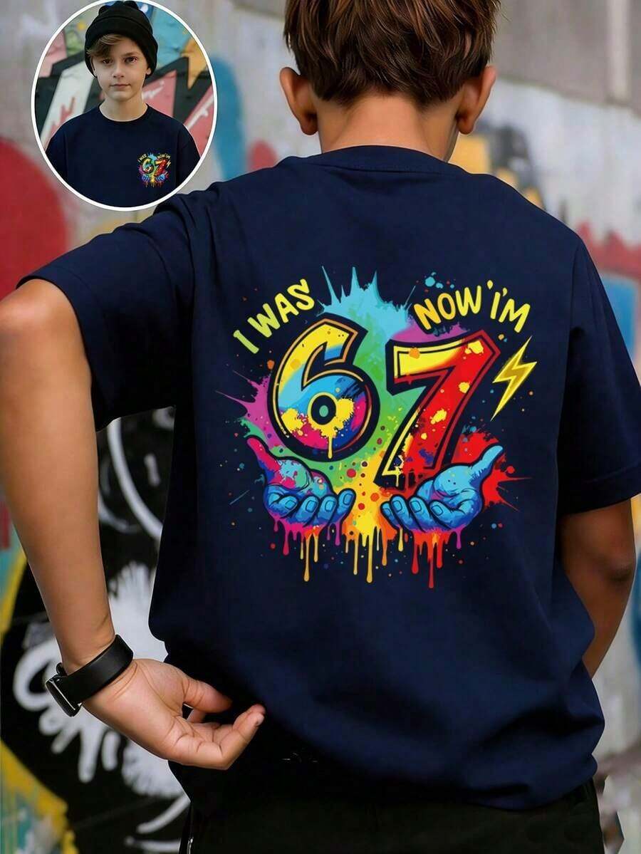 Camiseta Colorida para Niño Adolescente con Estampado Creativo "AQUÍ ESTABA 6, AHORA TENGO 7", Adecuada para Actividades, Uso Casual, Fiestas, Regalo de Cumpleaños para Niño Adolescente, Fiesta de Cumpleaños, Regalo Ideal para Celebración de Cumpleaños, Camiseta de Verano a la Moda - Negro - Ver 1