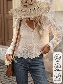 Bohemian Style V-Neck Puff Sleeve Lace Front Button Ruffle Trim Casual Blouse - Summer Loose Shoulder Cover - Apricot - View 2