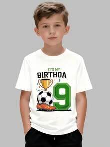 Camiseta Negra Estampada de Moda para el 9º Cumpleaños con Diseño de Número Verde Llamativo, Estilo Deportivo, Manga Corta para Niños de 9 Años, Temática de Fútbol, Camiseta Conmemorativa con Número 9 Verde e Iconos Deportivos, Regalo de Cumpleaños Energético para Niños - Blanco - Ver 1