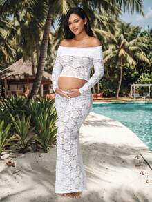 JustVH 2 piezas Conjunto de top con hombros descubiertos de encaje y falda transparente con abertura, adecuado para fotografía de maternidad, baby shower, fiesta - Blanco - Ver 10