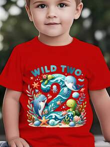Fashionable 'Wild Two' Short-Sleeved T-Shirt For Children From The 'Birthday Series' Featuring Cartoon Prints Of Marine Animals Such As Dolphins, Turtles, Octopuses, Seahorses, Starfish And Shells, Suitable For Casual Outdoor Wear NY-DX9479 - 紅色 - 查看 6
