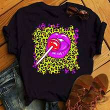 New Women's T-Shirt With Pink Lips And Leopard Print, Casual Style, Round Neck, Sexy, Black, With Kiss Design, Fun, For Girls, Dropshipping - 酒紅色 - 查看 4
