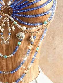 Women's Sexy Shell Strap Camisole For Summer Vacation, Women's Crystal Beaded Strap Camisole, Women's Sexy Vacation Camisole - 藍色 - 查看 4