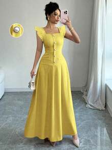 Vestido largo elegante estilo bohemio para vacaciones, con escote en V, mangas abullonadas, cintura ceñida, falda plisada de línea A, bolsillo con cremallera, cierre con botón de perla, adecuado para primavera/verano - Amarillo - Ver 8