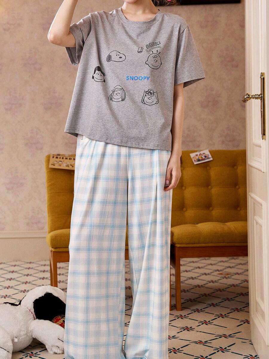 Gongdie Bộ đồ ngủ nữ Snoopy 2 món, chất liệu cotton mềm mại, họa tiết kẻ caro xám và xanh dương, thích hợp cho mùa xuân/hè, in hình nhân vật hoạt hình. - Xám - Xem 1