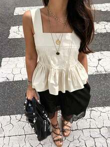 Top de tirantes con cuello cuadrado, bajo con volantes y pliegues en unicolor para mujer, versátil para uso diario, vacaciones y verano casual - Albaricoque - Ver 8