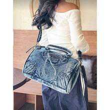 New Vintage Washed Denim Crossbody Bag, Casual Y2K Style Shoulder Bag, Dual Handle Tote Bag, Compact Design With Large Capacity, Suitable For Work Commute, Shopping, Travel And Back To School, Fashionable Street Style Bag, Medium Size Denim Crossbody Bag, Perfectly Fits Denim Girl Style - 藍色的 - 查看 3