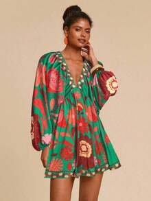 Vestido de gasa con cuello en V y manga larga con estampado floral para mujer, adecuado para vacaciones, estilo de vacaciones, estampado gráfico tejido, atuendos casuales de verano para vacaciones, atuendos de vacaciones en la playa bohemia, ropa bohemia chic, atuendos de festivales de vacaciones, atuendos de playa para mujer, atuendos de verano para mujer, atuendo de graduación, atuendos de cumpleaños para mujer, artículos esenciales de playa, atuendo de aeropuerto para mujer, vestido de té, vestido de cumpleaños, vestido de verano, verano europeo, ropa bohemia para mujer, vestido elegante para mujer - Azul - Ver 5