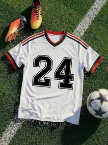 Camiseta de fútbol retro para hombre con cuello en V y estampado del número 24, manga corta, transpirable y casual, con gráfico de número negro llamativo, estilo streetwear, camiseta deportiva para aficionados al fútbol, camiseta de moda de verano de talla grande para uso diario, entrenamiento y partidos, adecuada para actividades al aire libre y gimnasio, disponible en tallas grandes. - Multicolor - Ver 6