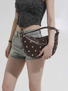 Steampunk Style Mushroom Stud Asymmetrical Shoulder Bag For Women - Coffee - View 4