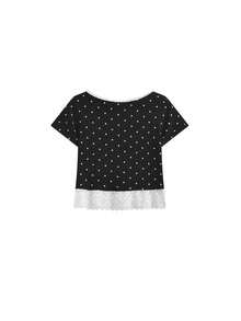 Ins French Style Gentle Polka Dot Short Sleeve T-Shirt Women Summer Cropped Design Spliced Lace Bow Elegant Top Black Casual - Black - View 5