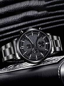 Set de 4 piezas: Reloj casual de negocios para hombre, collar con colgante de cruz, pulsera y anillo, deportivo - Negro - Ver 6