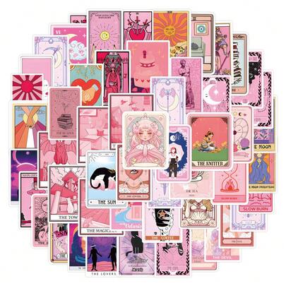 55 piezas de pegatinas de tarjetas de tarot rosas, adecuadas para decorar artículos de papelería, tazas, equipaje, monopatines, guitarras, materiales de scrapbooking DIY