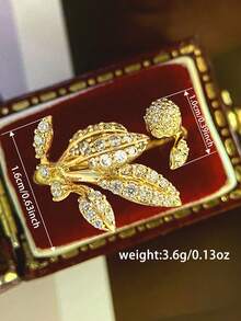 1 Stück luxuriöser blattförmiger Kubikzirkonia-Ring, Schmuck für Frauen zur Hochzeit, Verlobung und Partys, Valentinstags-Geschenk - Goldgelb - Übersicht 3