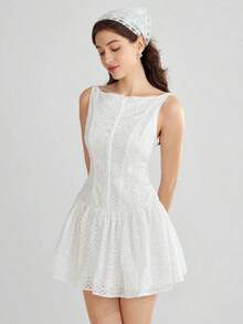 Vestido mini elegante de mujer sin mangas con estampado de flores y bordado - Blanco - Ver 6