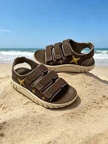 Boys' New Comfortable Hook And Loop Star Decor Children Sandals, Large Size Student Flat Beach Shoes, Suitable For Spring & Summer - Khaki - View 2