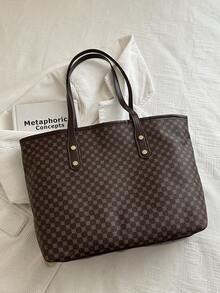 1pc Coffee Brown Summer New Metal Rivet Decor Large Capacity Retro PU Tote Bag, Women Shoulder Bag - Coffee Brown - View 2
