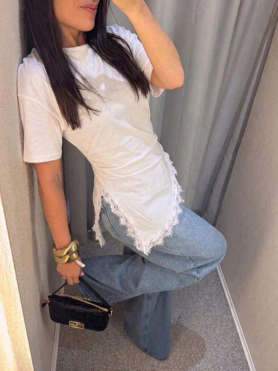 Camiseta de mujer de punto de unicolor con encaje en contraste, asimétrica/asimétrica, adecuada para el hogar, uso diario, vuelta al colegio, fiesta, casual de primavera/verano en color negro - Blanco - Ver 1