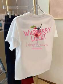 Sommer-Tops Wild Berry Liqueur, Wild Berry Drink Print T-Shirt Kurzarm Rundhals Casual Top für Sommer und Frühling, Damenbekleidung Baumwoll-T-Shirt, Mujer - Weiss - Übersicht 3