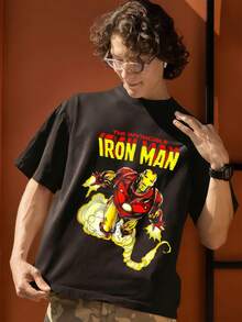 Men's MARVEL Iron Man Cotton T-Shirt, The Invincible Flying Graphic Tee, Summer Casual Streetwear - 黑色 - 查看 5