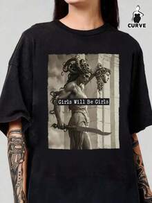 Women's Summer And Perseus Print Crew Neck Short Sleeve Simple Casual Everyday Black Plus Size-Shirt, Girls Will Be Girls-Shirt, Top, Dark Preppy Style Everyday-Shirt - Negro - Ver 1