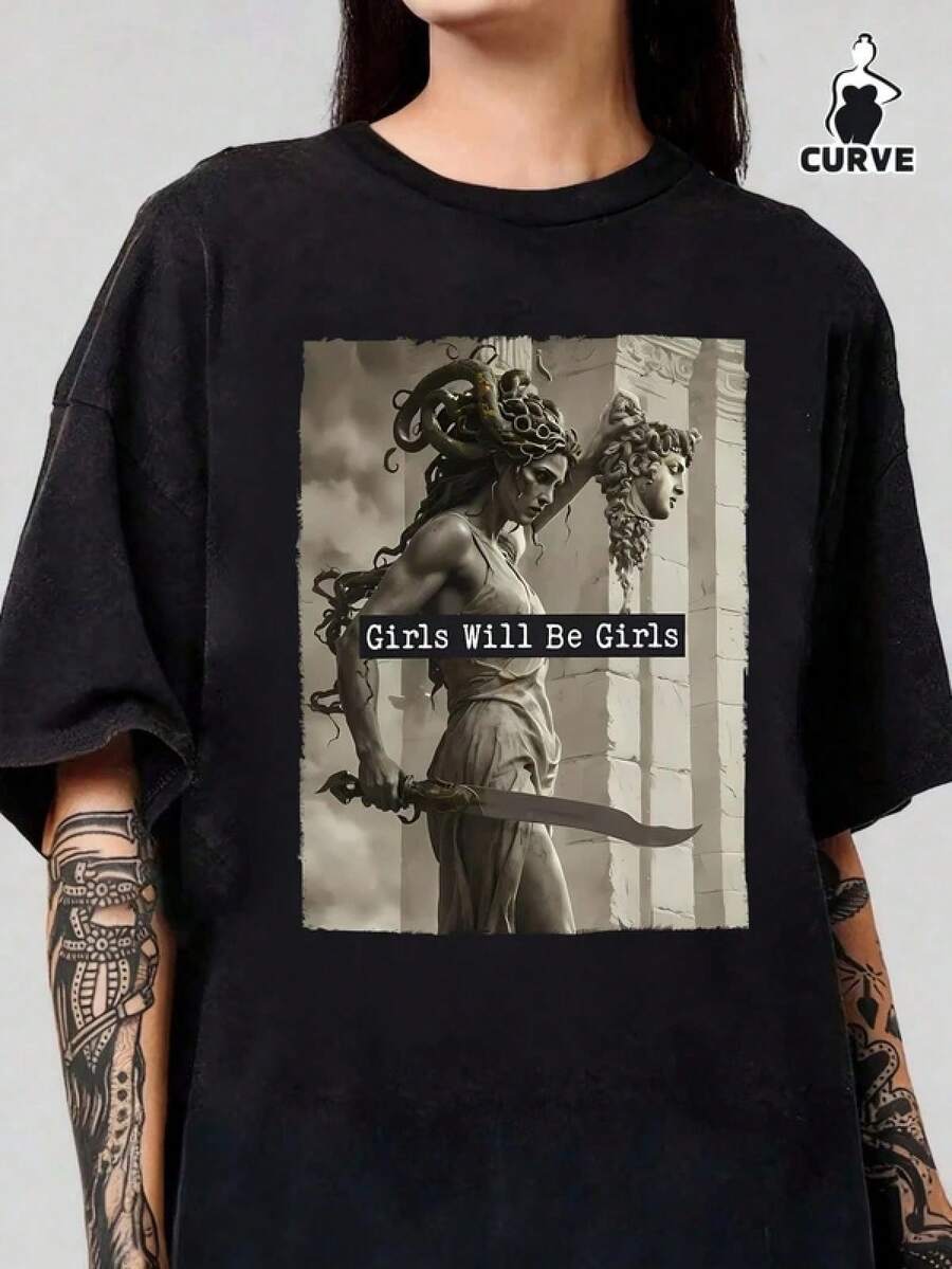 Women's Summer And Perseus Print Crew Neck Short Sleeve Simple Casual Everyday Black Plus Size-Shirt, Girls Will Be Girls-Shirt, Top, Dark Preppy Style Everyday-Shirt - Negro - Ver 1