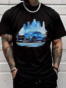Men's Muscle Car Graphic Print T-Shirt, Blue Sports Car Urban Skyline Tee, Streetwear Short Sleeve Casual Black Shirt, Cool Racing Summer Top - 黑色 - 查看 8