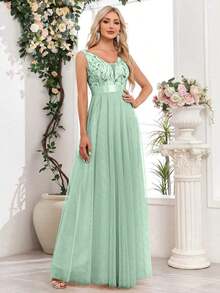 Vestido de dama de honor formal de línea A con escote en V sin mangas, bordado y de malla, vestido de fiesta elegante, vestido de invitado de boda formal, vestido de ceremonia de graduación, vestido de noche de primavera - verde menta - Ver 5