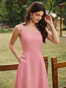 xheVintamour Vestido de mujer elegante y vintage con bolsillos y botones, vestimenta casual para vacaciones de verano, vestidos románticos de verano, vestidos de playa, ropa de los 90, vestidos elegantes de verano, ropa de primavera, vestidos de primavera, vestidos de verano para vacaciones, vestido de playa, vestidos de sol para mujer, vestido azul, vestido de Pascua, ropa de verano para mujer, vestidos para vacacionesxhe - Rosa 2 - Ver 3