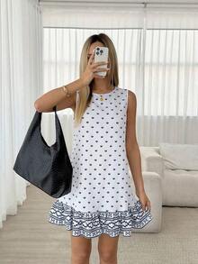 X GALILEA  LUNE Vestido mini de mujer de cuello redondo sin mangas con volantes en el bajo, a rayas azul y blanco - Multicolor 5 - Ver 3