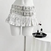Nana's Women's Clothing Store  Minifalda de mezclilla vintage con doble cintura plisada y efecto desgastado - Blanco - Ver 6